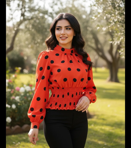 شومیز دخترانه توپ توپی آستین دار کمر کش قرمز